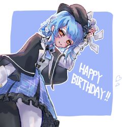  1girl asymmetrical_legwear bird_hat_ornament black_bow black_bowtie black_capelet black_hat black_thighhighs blue_background blue_hair blue_necktie blue_skirt border bow bowtie braid braided_hair_rings capelet closed_mouth collared_shirt commentary_request cowboy_shot deerstalker frilled_skirt frills grey_vest hair_rings hand_on_headwear happy_birthday hat hat_bow heart highres layered_skirt long_sleeves looking_at_viewer looking_back mahou_shoujo_no_majo_saiban malrunpi necktie plaid_clothes plaid_skirt shirt short_hair single_leg_pantyhose skirt smile solo tachibana_sherry thigh-highs vest white_border white_shirt yellow_eyes 