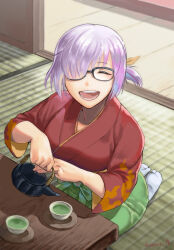  artist_name ayaki_mami backlighting black-framed_eyewear commentary_request cup facing_viewer fate/grand_order fate_(series) highres japanese_clothes kimono long_sleeves mash_kyrielight mash_kyrielight_(enma-tei_uniform) one_eye_closed open_mouth purple_hair red_kimono smile socks teacup teapot white_socks 