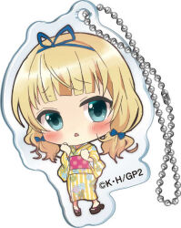  1girl blonde_hair blue_bow blue_eyes blue_hairband blue_ribbon bow charm_(object) chibi clenched_hands copyright_logo copyright_notice floral_print floral_print_kimono full_body gochuumon_wa_usagi_desu_ka? hair_bow hair_ribbon hairband hand_on_own_cheek hand_on_own_face japanese_clothes kimono kirima_syaro logo looking_at_viewer official_art parted_lips print_kimono ribbon sandals short_hair simple_background solo standing striped_clothes striped_kimono vertical-striped_clothes vertical-striped_kimono white_background yellow_kimono yukata 