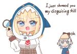  2girls accessories_switch animal_hood annoyed blonde_hair blue_eyes english_commentary english_text gawr_gura hat highres holding_magnifying_glass hololive hololive_english hood multiple_girls nekoya_(akjt4869) open_mouth shark_hood two_side_up virtual_youtuber watson_amelia white_background white_hair 