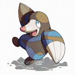  blue_fur brown_fur drilbur looking_at_viewer mistray-art no_humans open_mouth pokemon pokemon_(creature) signature simple_background solo two-tone_fur white_background 
