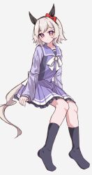  1girl absurdres animal_ears back_bow bow bowtie breasts commentary_request curren_chan_(umamusume) ear_bow ear_covers grey_hair hair_between_eyes highres horse_ears horse_girl horse_tail horseshoe_ornament large_bow long_sleeves looking_at_viewer pleated_skirt purple_shirt purple_skirt red_bow school_uniform shirt short_hair simple_background skirt socks solo tail tofu_thunder tracen_school_uniform umamusume violet_eyes white_bow white_bowtie winter_uniform 