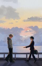  2boys absurdres arm_up bag bakugou_katsuki black_bag black_jacket black_pants black_shoes black_suit blonde_hair boku_no_hero_academia closed_eyes clouds cloudy_sky commentary_request from_side full_body glawmddj green_hair grin hands_in_pockets highres holding holding_bag hood hood_down hoodie jacket korean_commentary long_sleeves male_focus midoriya_izuku multiple_boys outdoors outstretched_arm pants railing reaching reaching_towards_another scar scar_on_face shoes sky smile spiky_hair suit suit_jacket sun walking water 