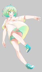  1girl :d ahoge bangs bare_shoulders blush collarbone comah eyebrows_visible_through_hair full_body green_eyes green_footwear green_hair green_shorts grey_background looking_away looking_to_the_side navel off_shoulder open_mouth original shirt shoes short_hair short_shorts short_sleeves shorts simple_background smile solo upper_teeth white_shirt wide_sleeves 