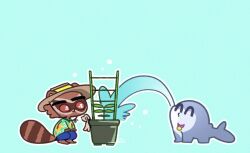 2boys animal_ears blue_background blue_shorts chibi chibi_only collar commentary_request eb1hara fins fish_tail furry furry_male green_shirt guardians_of_the_galaxy hat highres jeff_the_land_shark male_focus marvel marvel_rivals multiple_boys plant potted_plant raccoon_boy raccoon_ears raccoon_tail rocket_raccoon shark_boy shark_tail shirt shorts straw_hat tail trellis water 
