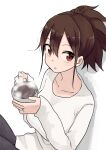  1girl black_pants brown_hair coffee coffee_mug cup glint highres holding jewelry long_sleeves looking_at_viewer mug original pants parted_lips ponytail red_eyes ring rucchiifu shirt simple_background sitting solo wedding_band white_background white_shirt 
