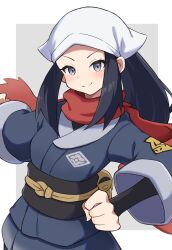  1girl absurdres akari_(pokemon) black_hair black_sash blush closed_mouth galaxy_team_survey_corps_uniform grey_eyes headscarf highres jacket long_hair long_sleeves looking_at_viewer piyo_to_game pokemon pokemon_legends:_arceus ponytail red_scarf sash scarf shirt sidelocks simple_background smile white_headscarf 