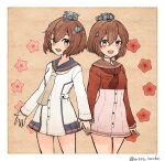  2girls blue_sailor_collar blush brown_eyes brown_hair dress dual_persona flower hair_ornament headgear holding_hands kantai_collection long_sleeves multiple_girls neckerchief open_mouth red_sailor_collar remodel_(kantai_collection) sailor_collar sailor_dress short_hair simple_background tan_yang_(kantai_collection) twitter_username upper_teeth wss_(nicoseiga19993411) yukikaze_(kantai_collection) 