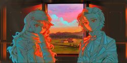  2girls absurdres adjusting_scarf ascot clouds coat gradient_sky greta_hofmann hand_up hat highres house limited_palette long_hair looking_at_viewer marcus_(reverse:1999) mountain multiple_girls neckerchief newsboy_cap reverse:1999 scarf shirt short_hair sky smile syun_(ashenaurora) upper_body window 