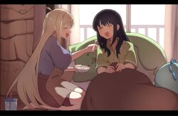  2girls ahoge apron black_hair blonde_hair blush bowl cho_kaguya-hime! closed_eyes commentary_request cup curtains feeding highres holding holding_bowl holding_spoon kaguya_(cho_kaguya-hime!) long_hair mole mole_under_eye multiple_girls sakayori_iroha seiza short_sleeves sitting smile spoon tokoname very_long_hair 