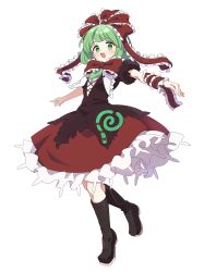  1girl baba_(baba_seimaijo) black_boots blush boots bow brown_dress dress fingernails frilled_bow frilled_dress frilled_ribbon frills front_ponytail full_body green_eyes green_hair hair_bow hair_ribbon highres kagiyama_hina long_hair open_mouth puffy_short_sleeves puffy_sleeves red_bow red_ribbon ribbon second-party_source short_sleeves simple_background smile solo touhou transparent_background 
