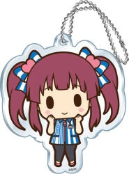  1girl black_eyes black_pants blue_bow blue_shirt blush_stickers bow brown_hair charm_(object) chibi closed_mouth collared_shirt copyright_logo copyright_notice employee_uniform full_body hair_bow hair_ornament hands_on_own_face heart heart_hair_ornament idolmaster logo long_hair official_art ogata_chieri pants pink_shoes shirt shoes short_sleeves sidelocks simple_background smile solid_oval_eyes solo standing striped_bow striped_clothes striped_shirt twintails vertical-striped_clothes vertical-striped_shirt white_background white_bow white_shirt 