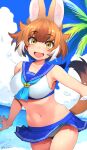  1girl :d animal_ear_fluff animal_ears bangs beach bikini blue_sailor_collar breasts brown_hair clouds collarbone commentary dated day dhole_(kemono_friends) dog_ears dutch_angle extra_ears eyebrows_visible_through_hair fang happa_(cloverppd) highres kemono_friends large_breasts looking_at_viewer multicolored_hair navel open_mouth outdoors palm_tree sailor_bikini sailor_collar short_hair side-tie_bikini signature smile solo swimsuit tail thigh_gap tree two-tone_hair white_hair yellow_eyes 
