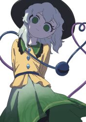  1girl arms_behind_back black_hat buttons closed_mouth collared_shirt diamond_button disembodied_linked_eye empty_eyes eyeball floral_print frilled_shirt_collar frills green_eyes green_hair green_skirt hat heart heart_of_string highres komeiji_koishi long_sleeves looking_at_viewer print_skirt rose_print shirt skirt smile solo touhou uzou_(uzooooooooo) yellow_shirt 