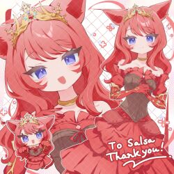  1girl animal_ears anzen_robo_(474zz) cat_ears check_copyright chibi chibi_inset commission copyright_request crown dress facial_mark gloves long_hair looking_at_viewer multiple_views original red_dress skeb_commission smile tagme thank_you tiara whisker_markings 