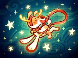  animal_focus antlers artist_name bell blush collar commentary dog english_commentary fake_antlers horns jingle_bell no_humans olive_(olive_the_other_reindeer) olive_the_other_reindeer open_mouth red_collar reindeer_antlers smile star_(symbol) starsalts 