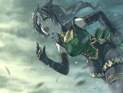  1girl animal_ears ascot black_boots black_gloves black_hair black_pantyhose black_shorts boots breasts clouds cloudy_sky commentary_request crown_ornament ear_ornament ear_through_crown elbow_gloves gloves green_eyes green_sweater hair_between_eyes horse_ears horse_girl horse_tail long_hair medium_breasts multicolored_hair necktie open_mouth pantyhose peeta ribbed_sweater running satono_crown_(emerald_journey)_(umamusume) satono_crown_(umamusume) shorts side_ponytail sky sleeveless sleeveless_sweater solo streaked_hair suspender_shorts suspenders sweater tail teeth textless_version thigh_boots thigh_strap umamusume white_hair yellow_ascot yellow_necktie 
