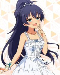  1girl black_hair blue_eyes card_commentary commentary_request cowboy_shot dress fang game_asset ganaha_hibiki hand_up high_ponytail idolmaster idolmaster_(classic) idolmaster_million_live! idolmaster_million_live!_theater_days jewelry long_hair necklace official_alternate_costume official_art open_mouth ponytail pure_onepiece_(idolmaster) ribbon-trimmed_dress ribbon_trim single_bare_arm sleeveless sleeveless_dress smile solo standing third-party_source very_long_hair white_dress wrist_flower 