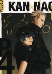  1boy 1girl alternate_costume androgynous black_hat black_jacket black_shirt blonde_hair blue_eyes blue_hair cipcal copyright_name ear_piercing earrings english_text hair_slicked_back hands_in_pockets hat headphones headphones_around_neck highres jacket jewelry lips long_sleeves looking_ahead looking_to_the_side newsboy_cap persona persona_4 piercing shirogane_naoto shirt short_hair short_sleeves tatsumi_kanji 