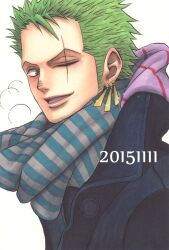  black_coat blue_scarf blush breath coat cold collared_coat commentary_request dahlia-tami dated earrings forehead gold_earrings green_hair grey_scarf hatching_(texture) hood hood_down jewelry layered_clothes linear_hatching looking_at_viewer looking_to_the_side male_focus marker_(medium) multiple_earrings nose_blush one_eye_closed one_piece open_mouth portrait red_eyes roronoa_zoro scar scar_across_eye scar_on_face scarf short_hair sideburns sideways_glance simple_background smile spiky_hair striped_clothes striped_scarf traditional_media two-tone_scarf very_short_hair white_background winter_clothes winter_coat 