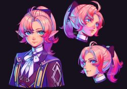  1girl black_background black_bow blue_eyes bow closed_mouth commentary eleanor_(xenoblade) english_commentary hair_bow highres issycake long_sleeves multiple_expressions multiple_views neckerchief pink_hair pointy_ears ponytail ribbon simple_background upper_body xenoblade_chronicles_(series) xenoblade_genesis 
