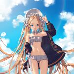  1girl abigail_williams_(fate/grand_order) abigail_williams_(swimsuit_foreigner)_(fate) bangs bikini black_cat blonde_hair blush bonnet bow braid braided_bun cat craft_essence dress_swimsuit emerald_float fate/grand_order fate_(series) forehead innertube keyhole long_hair mitre multiple_bows orange_bow parted_bangs sidelocks strapless strapless_bikini swimsuit tenka two-tone_headwear white_bikini white_bow white_headwear white_skin 