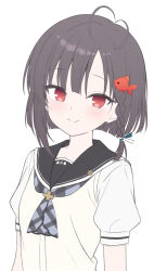  1girl antenna_hair arms_at_sides black_sailor_collar blunt_bangs blunt_ends blush bob_cut braid closed_mouth commentary eyelashes fish_hair_ornament hair_ornament looking_at_viewer megimegyo puffy_short_sleeves puffy_sleeves red_eyes sailor_collar sailor_shirt school_uniform serafuku shirt short_hair short_sleeves simple_background single_braid smile solo split_mouth sweater_vest takamiya_nanaka tsurime upper_body white_background white_shirt yellow_sweater_vest yome_sagashi_ga_hakadori_sugite_yabai. 