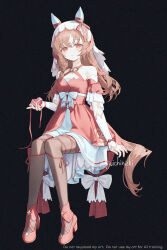 1girl 21_(nijuichinichi) animal_ears arm_at_side blush breasts brown_hair brown_thighhighs commentary dress ear_covers english_text hair_ribbon heart holding holding_heart horse_ears horse_girl horse_tail invisible_chair leg_ribbon looking_at_viewer medium_breasts medium_hair multicolored_hair red_dress red_eyes red_ribbon red_shoes ribbon shoes sitting smile solo still_in_love_(scarlet_vow_raiment)_(umamusume) still_in_love_(umamusume) streaked_hair tail thigh-highs thigh_ribbon twitter_username umamusume untranslatable_commentary veil watermark white_hair white_veil 