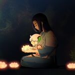  2boys animal_ears black_hair blush cat_ears closed_eyes flower glowing green_eyes highres long_hair luoxiaohei md_smpq medium_hair multiple_boys open_mouth profile sidelocks sitting sitting_on_lap sitting_on_person the_legend_of_luo_xiaohei white_hair wuxian_(the_legend_of_luoxiaohei) 