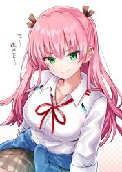  1girl aikawa_megumi closed_mouth clothes_around_waist green_eyes hair_tie heaven_burns_red highres long_hair neck_ribbon pink_hair red_ribbon ribbon rrtp shirt simple_background smile upper_body white_background white_shirt 