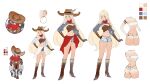  absurdres ass bandana blonde_hair blue_eyes boots breasts bugie character_sheet commission commissioner_upload cowboy_boots cowboy_hat earrings gloves hat highres jewelry original robot serenity_(dendroai) shoes short_shorts shorts thighs 