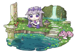  1girl bing_huyue bird blush_stickers chibi chibi_only column commentary creature day fishing fishing_rod frog grass hair_flaps happy highres holding holding_fishing_rod hololive hololive_english koseki_bijou koseki_bijou_(1st_costume) lily_pad long_hair looking_at_viewer nature on_ground outdoors overgrown pebble_(koseki_bijou) pillar pond purple_hair ruins scenery sitting sleeping smile solo untranslatable_commentary violet_eyes virtual_youtuber water waterfall white_background 