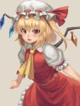  1girl ascot bangs beige_background blonde_hair commentary_request crystal eyebrows_visible_through_hair flandre_scarlet hat highres looking_at_viewer mob_cap puffy_short_sleeves puffy_sleeves ranma_(kamenrideroz) red_eyes short_hair short_sleeves side_ponytail simple_background solo touhou white_headwear wings yellow_neckwear 