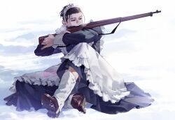  1boy aiming apron arisaka black_dress black_eyes black_hair bolt_action brown_shoes commentary covered_mouth dress english_commentary frilled_apron frills from_side full_body funpjinju golden_kamuy gun hair_slicked_back holding holding_gun holding_weapon leg_warmers long_sleeves loose_hair_strand maid maid_apron maid_headdress male_focus ogata_hyakunosuke outdoors rifle scar scar_on_cheek scar_on_face shoes sitting snow solid_eyes solo weapon white_apron white_leg_warmers 