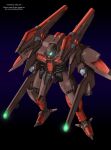  aqua_eyes arm_cannon character_name geios_glud glowing glowing_eye highres looking_ahead mecha no_humans purple_background science_fiction super_robot_wars super_robot_wars_f tamasi weapon 