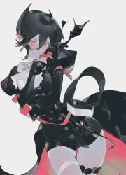  1girl arknights ascot black_dress black_hair black_tailcoat chinese_commentary closed_mouth colored_skin commentary_request cowboy_shot dress earrings entelechia_(arknights) gloves grey_background grey_skin hair_between_eyes hair_horns hands_up highres jewelry juliet_sleeves long_sleeves looking_at_viewer mole mole_under_eye pointy_ears puffy_sleeves que_que_lili red_eyes red_gloves short_hair simple_background smile solo standing thigh_strap white_ascot 