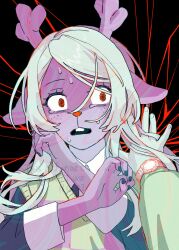  1girl 1other @_@ antlers black_nails blonde_hair commentary deer_antlers deer_girl deltarune english_commentary furry furry_female green_sweater_vest highres horns kris_(deltarune) long_hair noelle_holiday open_mouth oshaberi_usagi red_eyes solo_focus sweat sweater_vest utdr_(toby_fox) watch watch weird_route_(deltarune) 