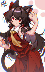  1girl absurdres animal_ears animal_hands ascot bow brown_hair cat_ears cat_girl cat_tail chest_sarashi chinese_commentary chromatic_aberration closed_mouth commentary_request genmu_(bilibili_6462526) hair_tubes hakurei_reimu highres kemonomimi_mode long_hair looking_at_viewer no_detached_sleeves red_bow red_eyes red_skirt sarashi skirt skirt_set smile solo tail touhou very_long_hair yellow_ascot 