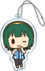  1girl black_eyes black_pants blue_bow blue_shirt blush_stickers bow charm_(object) chibi collared_shirt copyright_logo copyright_notice employee_uniform full_body green_hair green_shoes hair_bow hair_ornament hairband heart heart_hair_ornament idolmaster logo mole mole_under_mouth official_art one_eye_closed open_mouth otonashi_kotori pants shirt shoes short_hair short_sleeves simple_background smile solid_oval_eyes solo standing striped_bow striped_clothes striped_shirt vertical-striped_clothes vertical-striped_shirt white_background white_bow white_shirt yellow_hairband 