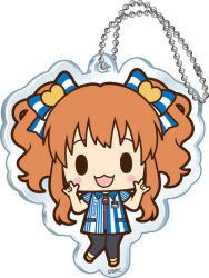  1girl :d \m/ black_eyes black_pants blue_bow blue_shirt blush_stickers bow brown_hair charm_(object) chibi collared_shirt copyright_logo copyright_notice double_\m/ employee_uniform full_body hair_bow hair_ornament hands_up heart heart_hair_ornament idolmaster logo long_hair moroboshi_kirari open_mouth orange_hair pants shirt shoes short_sleeves simple_background smile solid_oval_eyes solo standing standing_on_one_leg striped_bow striped_clothes striped_shirt twintails vertical-striped_clothes vertical-striped_shirt white_background white_bow white_shirt yellow_shoes 