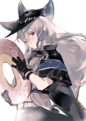  1girl arknights black_capelet black_gloves capelet chinese_commentary closed_mouth commentary_request donut_innertube gloves grey_hair grey_shirt hair_between_eyes highres holding holding_swim_ring innertube long_hair looking_at_viewer mosheng_de_lin_ren red_eyes shirt simple_background skadi_(arknights) solo swim_ring upper_body white_background 
