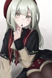  1girl absurdres ascot bang_dream! bang_dream!_it's_mygo!!!!! beret black_capelet black_pantyhose blush capelet closed_mouth finger_to_mouth gradient_background green_hair grey_hair hand_up hat highres index_finger_raised liang_mo_coolsilence long_hair long_sleeves looking_at_viewer mortis_(bang_dream!) mortis_(costume)_(bang_dream!) pantyhose pantyhose_under_shorts red_hat red_shorts see-through_clothes see-through_sleeves shirt shorts simple_background smile solo wakaba_mutsumi white_background yellow_eyes 