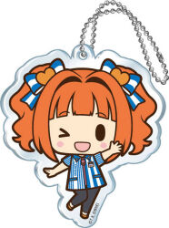  >_o 1girl black_eyes black_pants blue_bow blue_shirt blush_stickers bow charm_(object) chibi collared_shirt copyright_logo copyright_notice employee_uniform full_body hair_bow hair_intakes hair_ornament heart heart_hair_ornament idolmaster logo medium_hair official_art one_eye_closed open_mouth orange_hair orange_shoes pants shirt shoes short_sleeves simple_background smile solid_oval_eyes solo standing standing_on_one_leg striped_bow striped_clothes striped_shirt takatsuki_yayoi twintails vertical-striped_clothes vertical-striped_shirt white_background white_bow white_shirt 