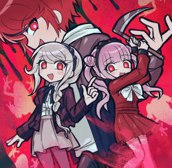  1boy 2girls black_hairband black_jacket commentary deformed frog g'ie_(hundred_line) grey_hair hair_bun hairband highres holding holding_weapon hood hood_down jacket kirifuji_nozomi long_sleeves looking_at_viewer mole mole_under_eye multiple_girls open_mouth pantyhose pink_hair pleated_skirt red_eyes red_hair school_uniform simple_background skirt spoilers sumi_ringo sumino_takumi the_hundred_line_-last_defense_academy- tsukumo_kako weapon 