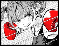  1girl boxing boxing_gloves breasts commentary_request eyebrows_hidden_by_hair flying_sweatdrops gloves greyscale highres lee_(dragon_garou) medium_breasts monochrome motion_lines original portrait red_gloves smile solo speed_lines sports_bra spot_color sweat twintails 