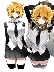  1girl absurdres black_necktie black_skirt black_sleeves black_thighhighs blonde_hair breasts chain cherry_oux collar collared_shirt commentary_request cuffs-to-collar don_quixote_(project_moon) empty_eyes highres index_(identity)_(project_moon) korean_commentary limbus_company multiple_views necktie orange_eyes pleated_skirt project_moon shirt simple_background skirt thigh-highs white_background white_shirt wide-eyed 