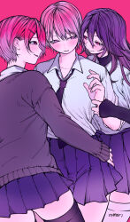  3girls absurdres black_necktie black_thighhighs brown_sweater commentary_request girl_sandwich hand_on_another's_waist highres holding_another's_wrist long_hair mole mole_under_eye mole_under_mouth multiple_girls necktie original pink_background pink_eyes pink_hair pleated_skirt purple_hair purple_skirt sandwiched school_uniform shirt short_hair simple_background skirt sweater thigh-highs undershirt valentine_(02140314c) violet_eyes white_shirt white_thighhighs yuri 