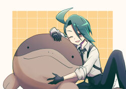  1girl ahoge androgynous black_gloves clodsire collared_shirt commentary_request foret_kono_(wnfj8535) gloves green_hair looking_at_another pokemon pokemon_(creature) pokemon_scarlet_and_violet red_eyes rika_(pokemon) shirt suspenders twitter_username 
