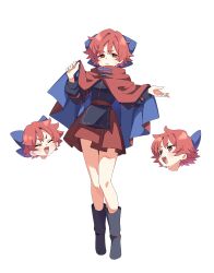  1girl baba_(baba_seimaijo) black_boots black_shirt blue_bow boots bow cape closed_eyes disembodied_head floating_head full_body hair_bow highres long_sleeves looking_at_viewer open_mouth red_cape red_eyes red_hair red_skirt ribbon-trimmed_bow ribbon_trim second-party_source sekibanki shirt short_hair simple_background skirt smile solo teeth touhou transparent_background upper_teeth_only 