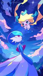  blue_eyes clouds commentary_request floating four-pointed_star from_side gardevoir grass happy highres jirachi looking_at_another looking_up night nikoru no_humans open_mouth outdoors pokemon pokemon_(creature) pokemon_focus red_eyes sky standing star_(sky) twitter_username 